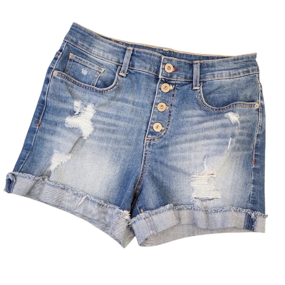 DKNY Denim Button Fly Short Jean Size 29 Distressed Cuffed Stonewashed Ladies